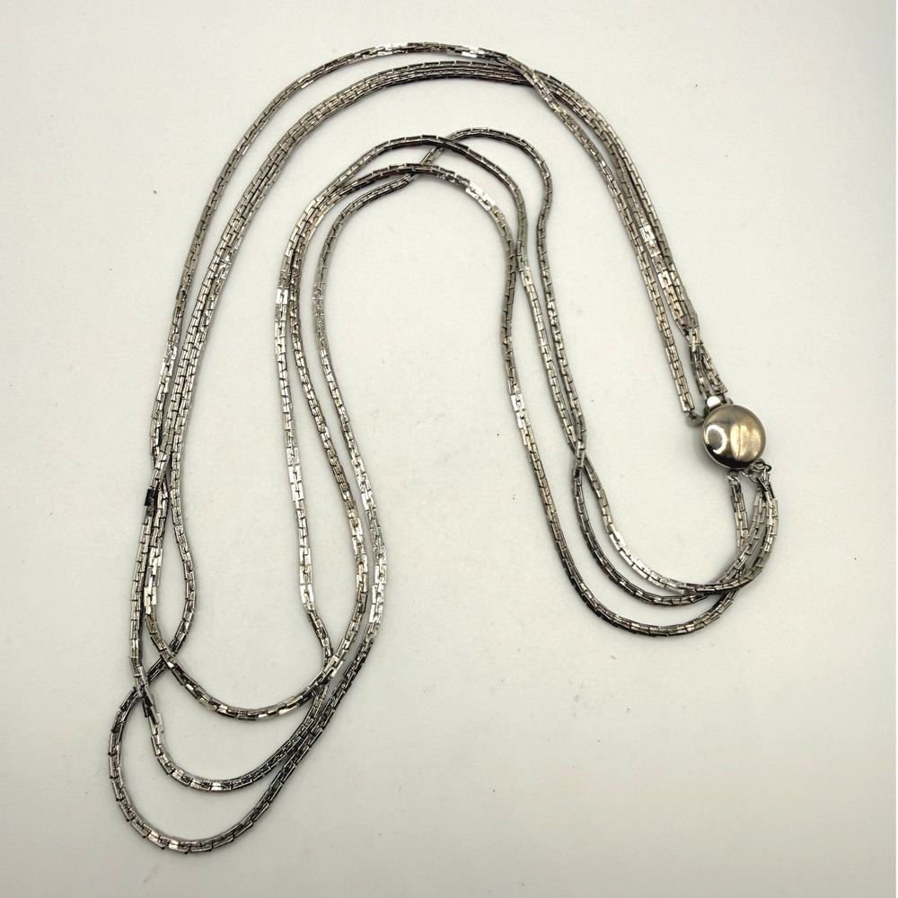 Vintage Silver Tone Triple Strand Box Chain Necklace Round Clasp Multi Layer 22"